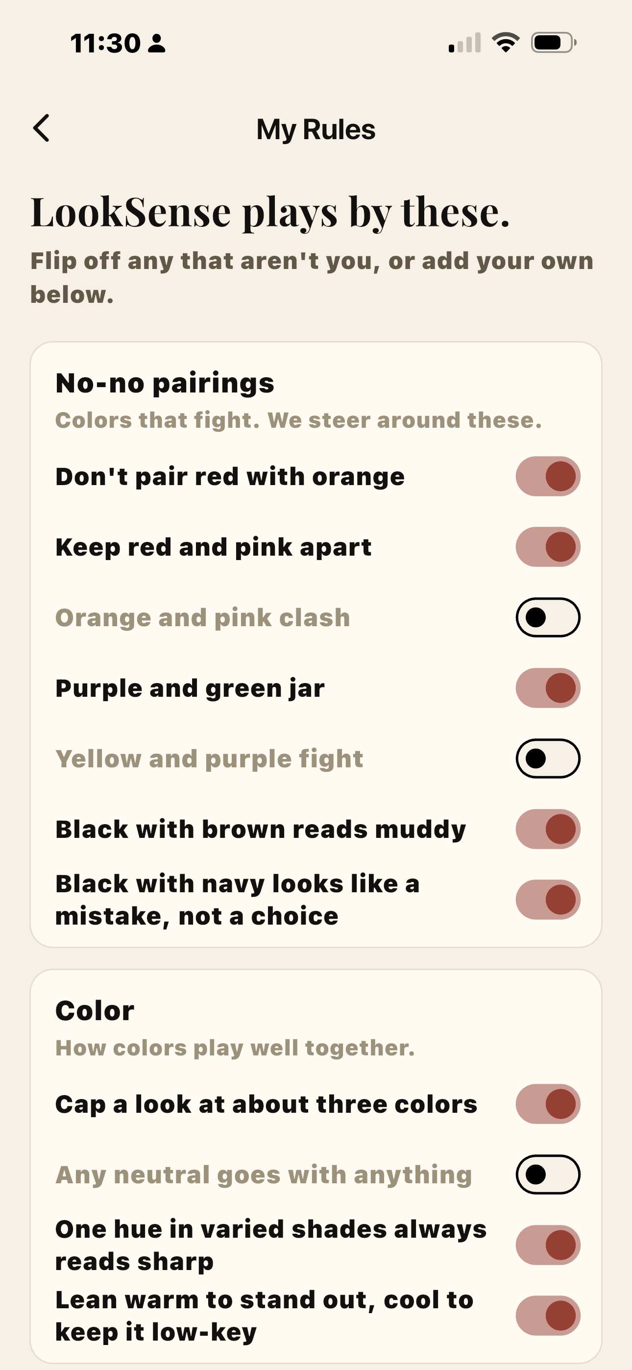 The My Rules screen in the LookSense app