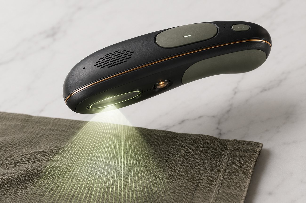The device pressed against a fabric surface, its light source illuminating the weave.