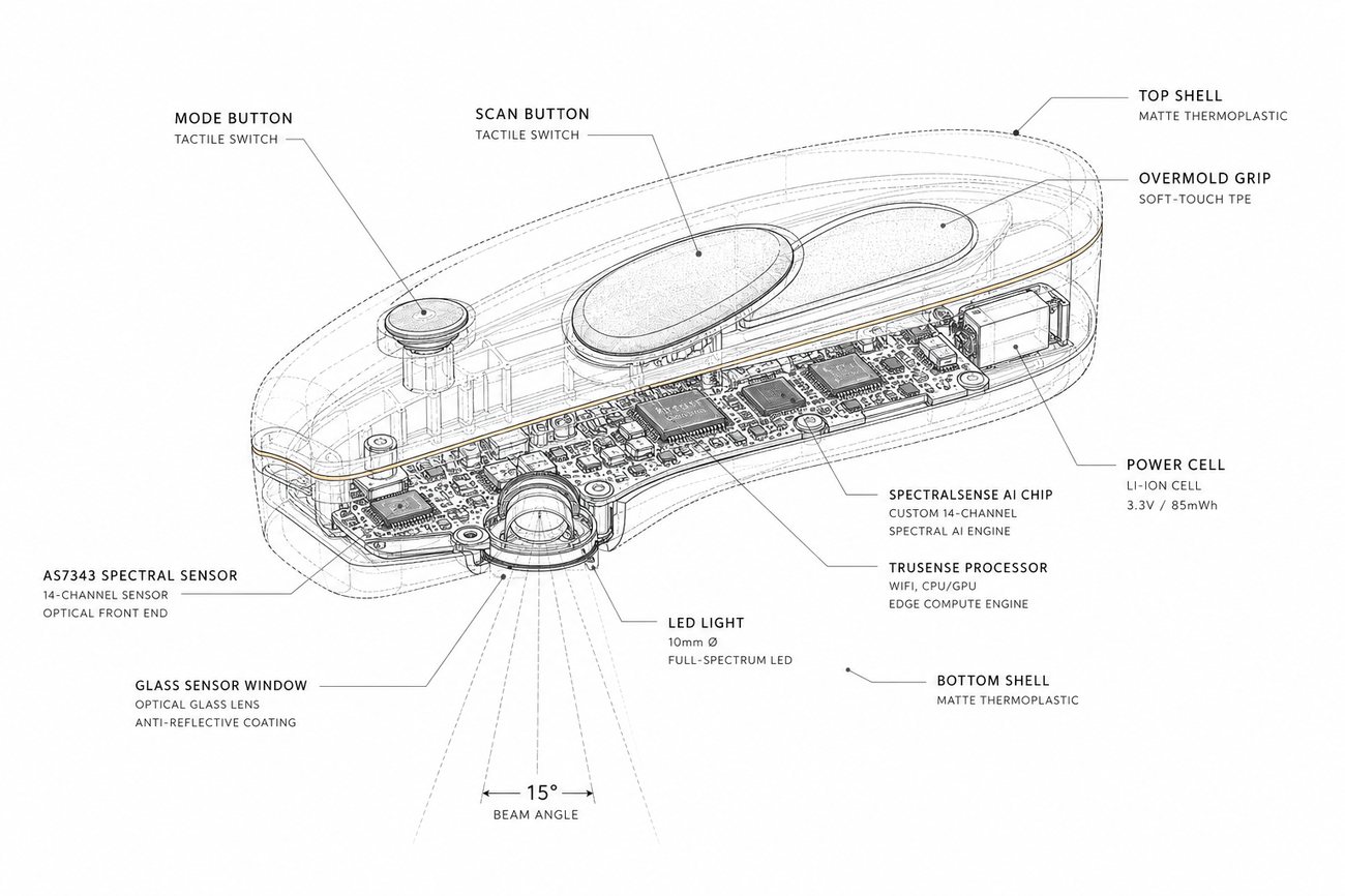 Technical cutaway of the LookSense reader with labeled components