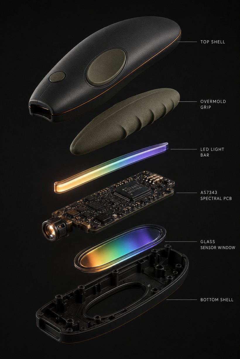 Exploded view of the LookSense reader showing the spectral sensor stack